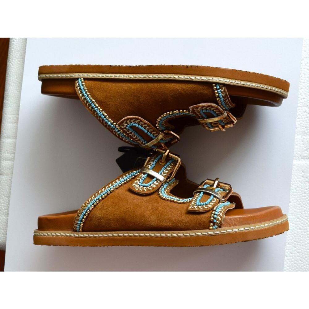 House of Harlow Women’s Tan Blue Leather Beaded Buckle Slide Sandals US 6.5 - Picture 5 of 5